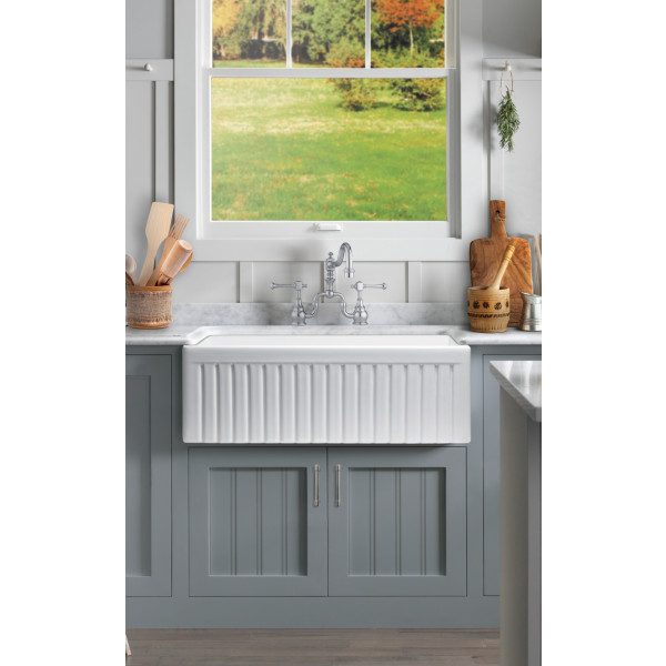 Empire SP33DG 33 x 18 Inch Fluted Edge Front Fireclay Farmhouse Double Bowl Kitchen Sink and Grid