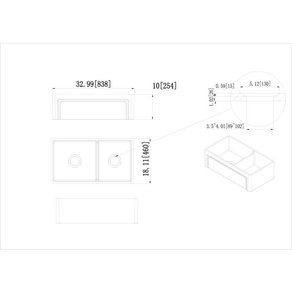 Empire SP33DG 33 x 18 Inch Fluted Edge Front Fireclay Farmhouse Double Bowl Kitchen Sink and Grid