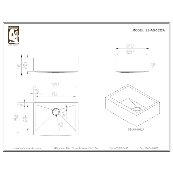 Water Creation SS-AS-3022A Zero Radius One Bowl Apron Front Kitchen Sink 