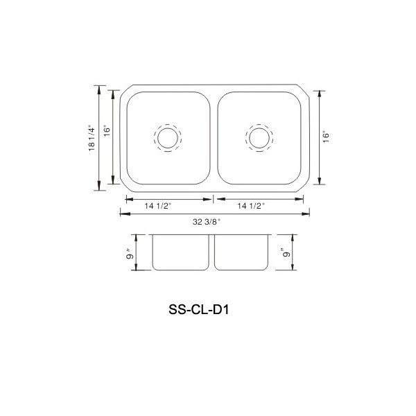 Lenova SS-CL-D1 Stainless Steel Sink 18 Gauge Equal Double Bowl 32 3/8 X 18 1/4 X 9