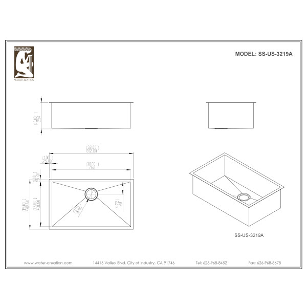 Water Creation SS-US-3219A Zero Radius 1 Bowl Undermount Sink For Kitchen