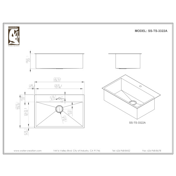 Water Creation SSS-TS-3322A Drop In One Bowl Stainless Steel Kitchen Sink