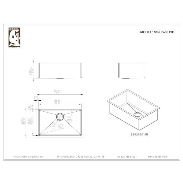 Water Creation SSS-US-3019B 1 Bowl Stainless Steel Undermount Kitchen Sink