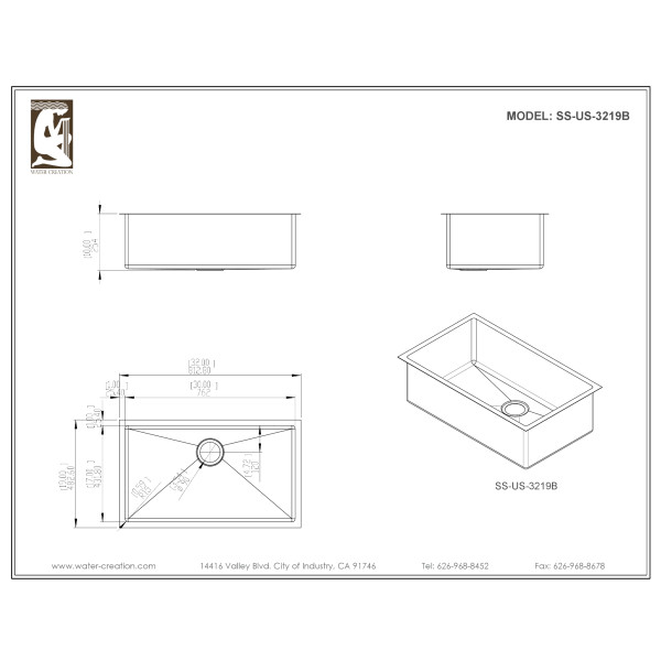 Water Creation SSS-US-3219B 1 Bowl Kitchen Sink With Drain and Strainer
