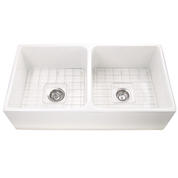 Nantucket T-FCFS36-DBL 36" Double Farmhouse Fireclay Sink + Drains and Grids