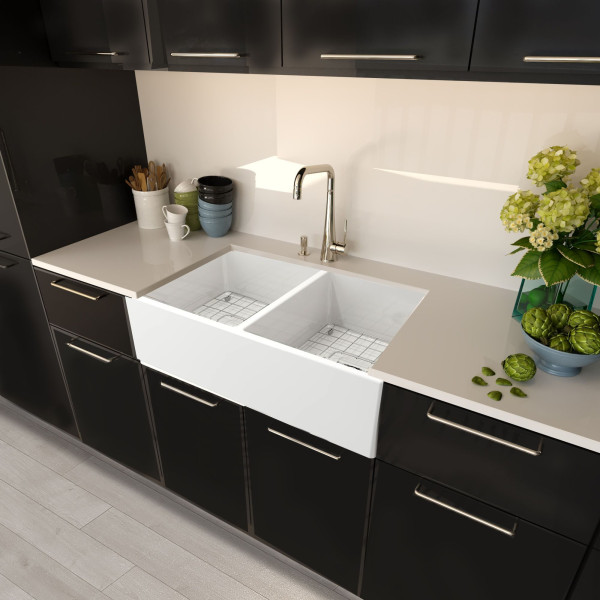 Nantucket T-FCFS36-DBL 36" Double Farmhouse Fireclay Sink + Drains and Grids