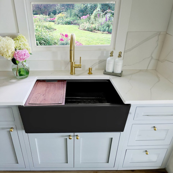 Nantucket T-PS30MB 30" Workstation Fireclay Apron Sink Side Drain - Matte Black