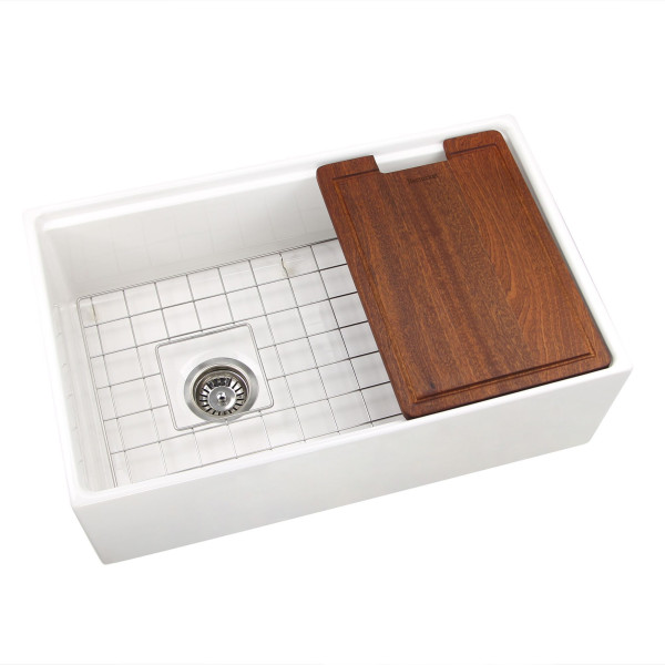 Nantucket T-PS30W 30-inch Workstation Fireclay Apron Sink Side Drain - White