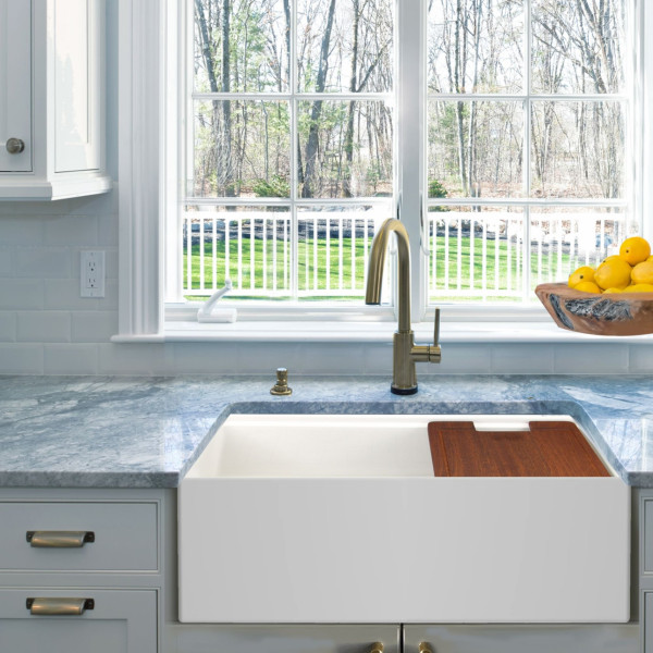 Nantucket T-PS30W 30-inch Workstation Fireclay Apron Sink Side Drain - White