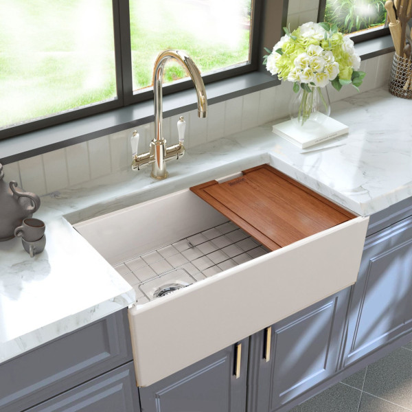 Nantucket T-PS30W 30-inch Workstation Fireclay Apron Sink Side Drain - White