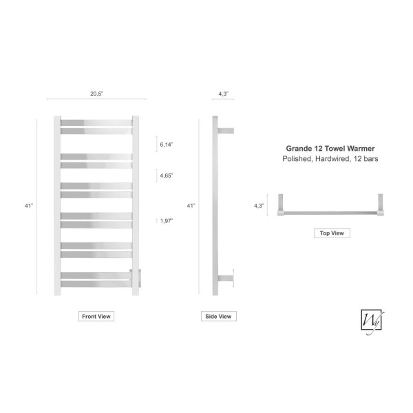 WarmlyYours TWS6-GRD12PH Grande Polished Hardwired 12 Bars Towel Warmer
