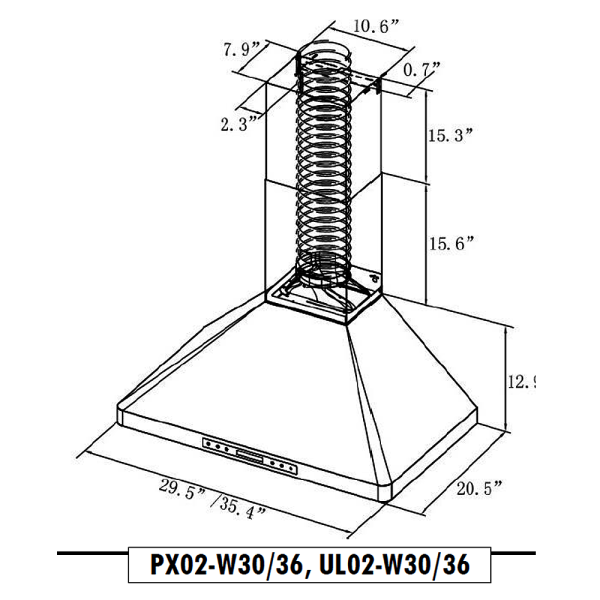 XtremeAir UL02-W36 36" 3 Speed Mechanical Controls Wall Mount Range Hood
