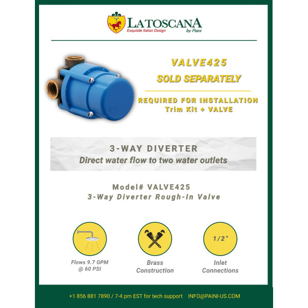 Latoscana USCR425 Water Harmonly 3 Way Diverter Valve And Trim In Chrome