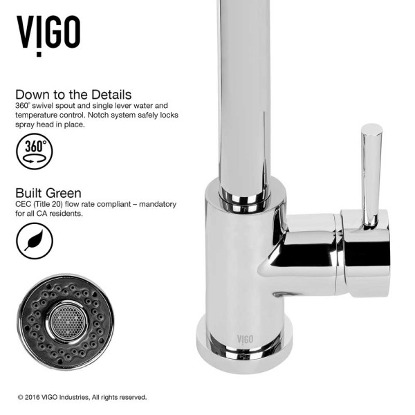 VIGO VG02005CHK1 Weston Chrome Pull-Down Spray Kitchen Faucet w/ Deck Plate