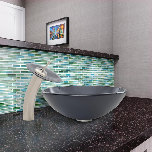 VIGO VG07062 Sheer Black Frost Round Solid Tempered Glass Vessel Sink