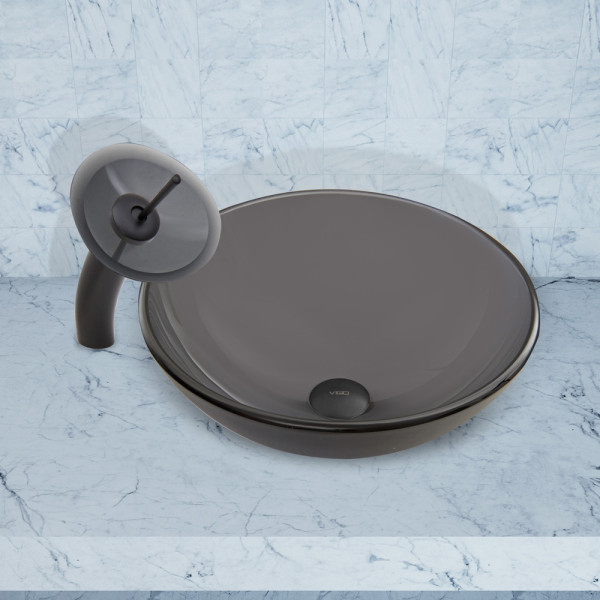 VIGO VG07062 Sheer Black Frost Round Solid Tempered Glass Vessel Sink