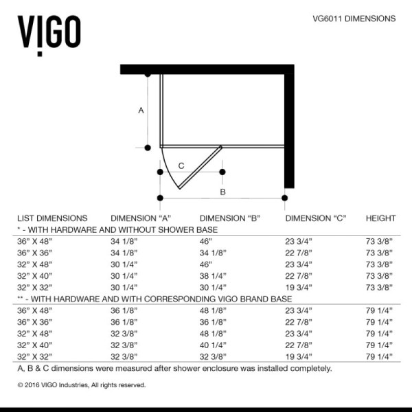 VIGO VG6011CL36WR Monteray Frameless Shower Enclosure With Right Base