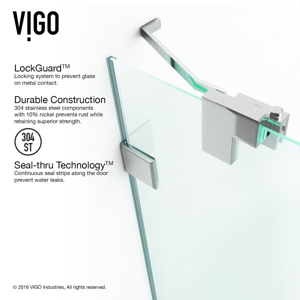 VIGO VG6042CL48 Pirouette Frameless Shower Door With Clear Glass