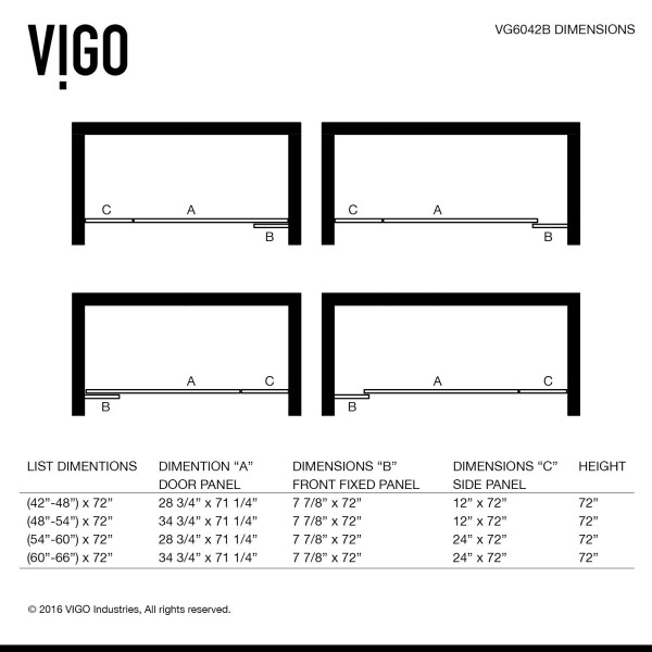 VIGO VG6042CL66 Pirouette Tempered Clear Glass Frameless Shower Door