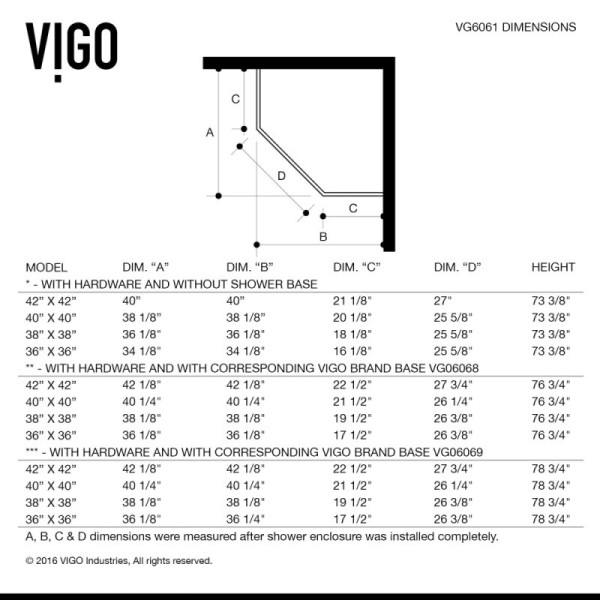VIGO VG6061CL42 Verona Frameless Neo-Angle Hardware Shower Enclosure
