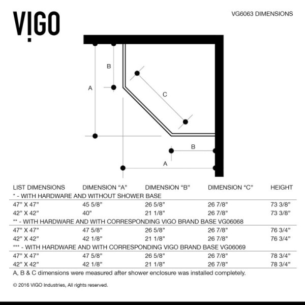 VIGO VG6063CL42 Gemini Frameless Neo-Angle Hardware Shower Enclosure