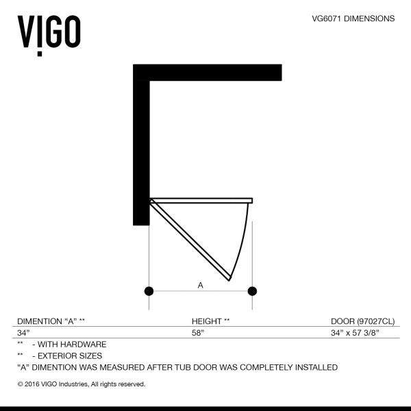 VIGO VG6071CL3458 Orion Clear Frameless Curved Bathtub Door