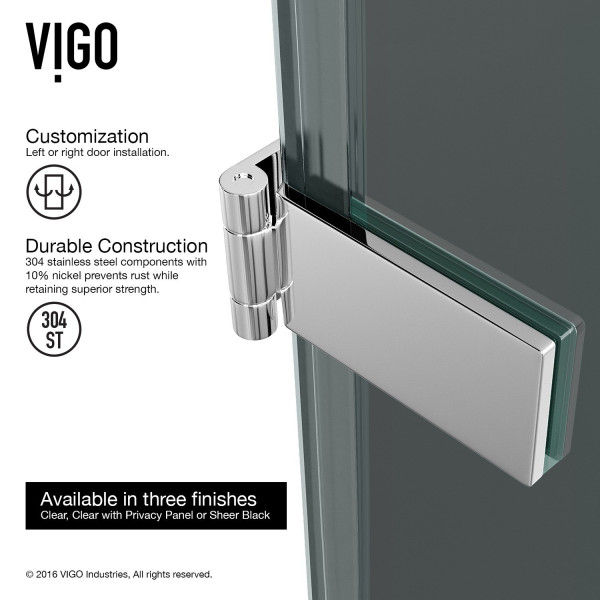 VIGO VG6072BLK28 SoHo Adjustable Frameless Shower Door w/ Sheer Black Glass