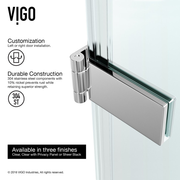 VIGO VG6072CL26 SoHo Adjustable Hinged Frameless Shower Door w/ Clear Glass