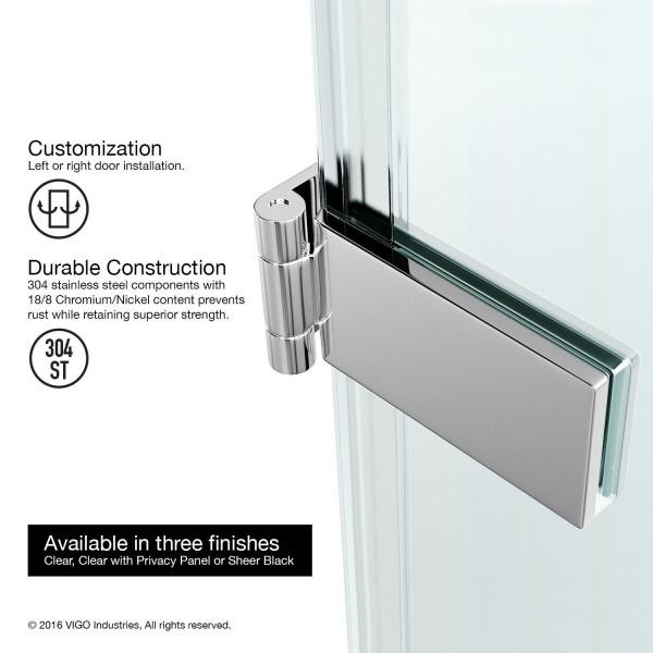 VIGO VG6072CL28 SoHo 28 Inch Adjustable Clear Glass Frameless Shower Door