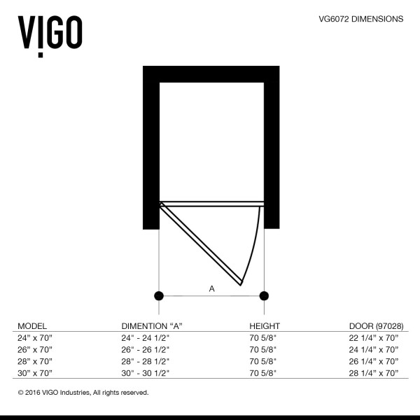 VIGO VG6072CL24 SoHo Adjustable Frameless Shower Door With Clear Glass