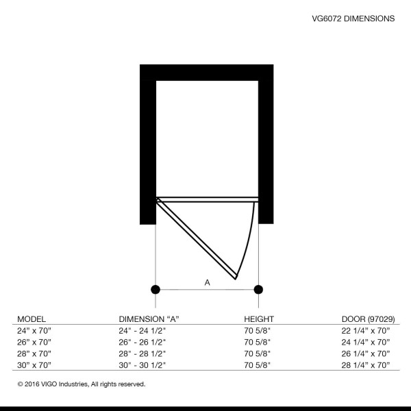 VIGO VG6072CL30 SoHo Adjustable Clear Glass Frameless Bath Shower Door