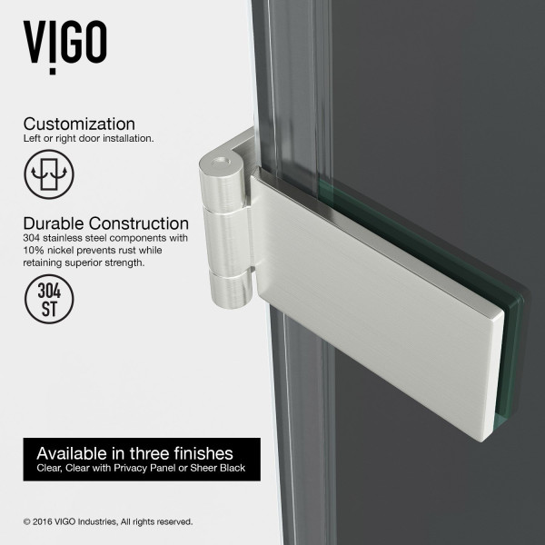 VIGO VG6072BLK28 SoHo Adjustable Frameless Shower Door w/ Sheer Black Glass