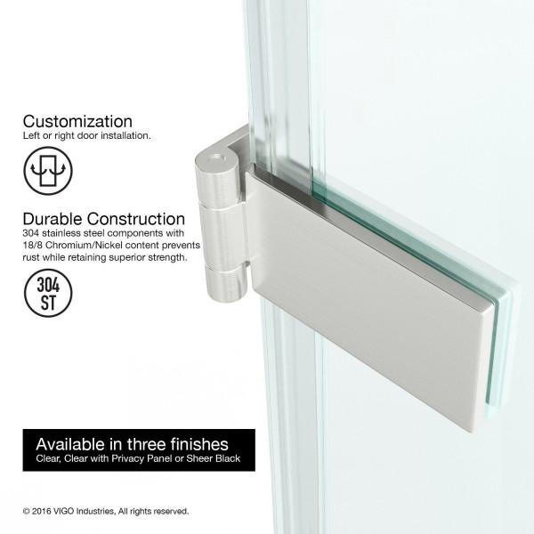 VIGO VG6072CL28 SoHo 28 Inch Adjustable Clear Glass Frameless Shower Door