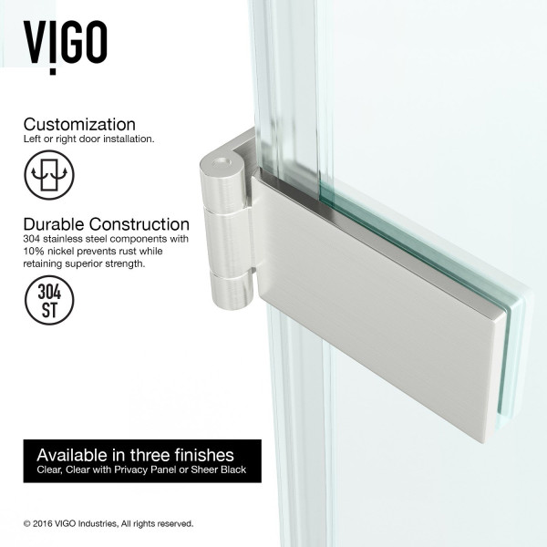 VIGO VG6072CMC28 Adjustable Frameless Shower Door With Privacy Panel Glass