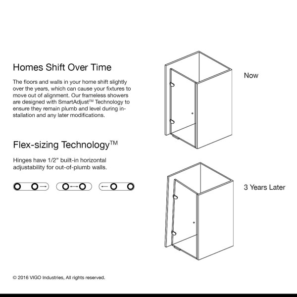 VIGO VG6073CL26 Tempo Adjustable Hinged Frameless Bathroom Shower Door