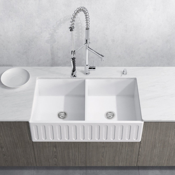VIGO VGRA3318BL 33 Inch Matte White Stone Double Bowl Farmhouse Sink