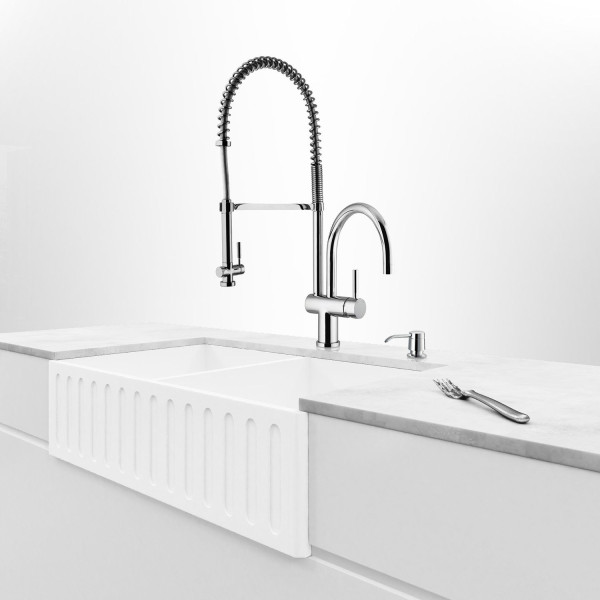 VIGO VGRA3318BL 33 Inch Matte White Stone Double Bowl Farmhouse Sink