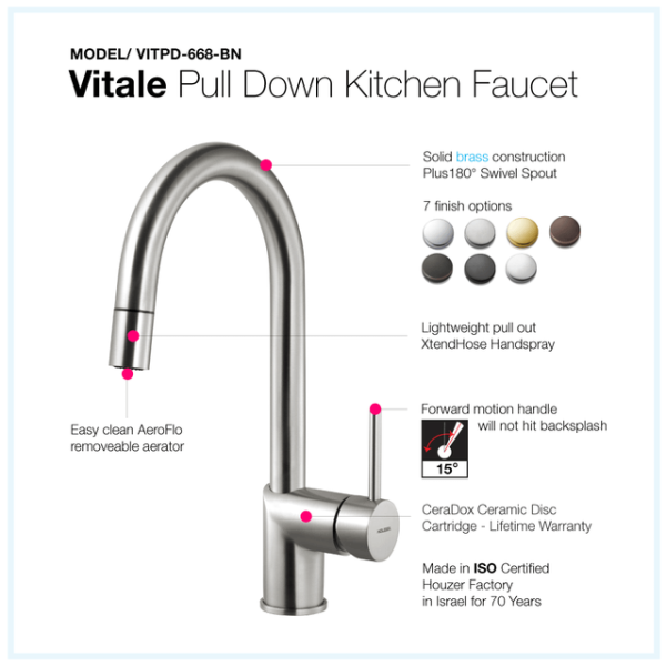 Houzer VITPD-668 Vitale Pull Down Kitchen Faucet with CeraDox Technology