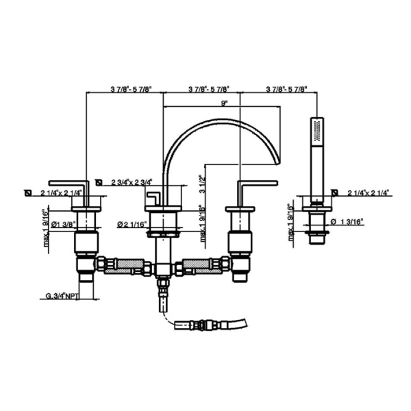 Rohl WA26L Wave 4-Hole Bathtub Filler With Lever Handles And Handshower