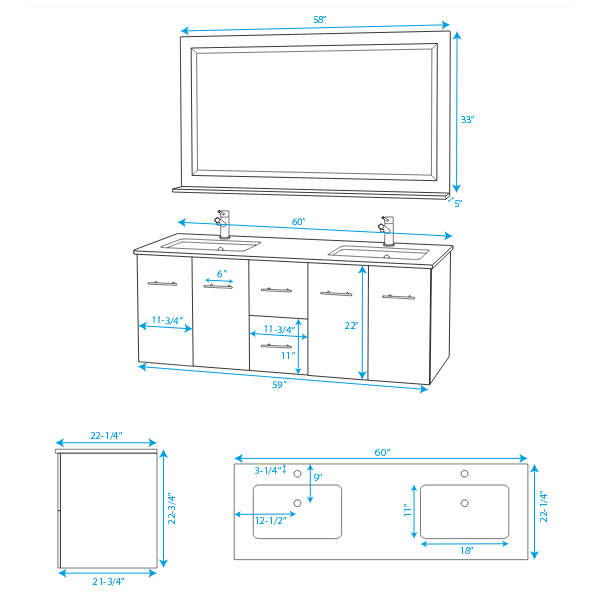 Wyndham WCVW00960D 60" Double Vanity with Square Undermount Porcelain Sinks