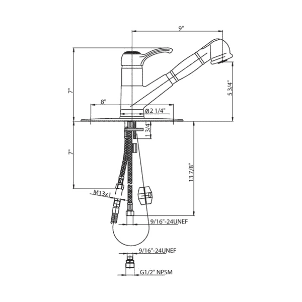 Whitehaus WH23564-C Kitchen Faucet w Pull Out Spray Head In Polished Chrome