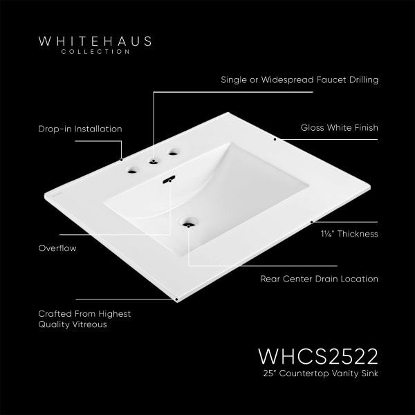 Whitehaus WHCS2522-3H 25" Countertop Vanity Sink w/ Rect Bowl Widespread Faucet & Ove