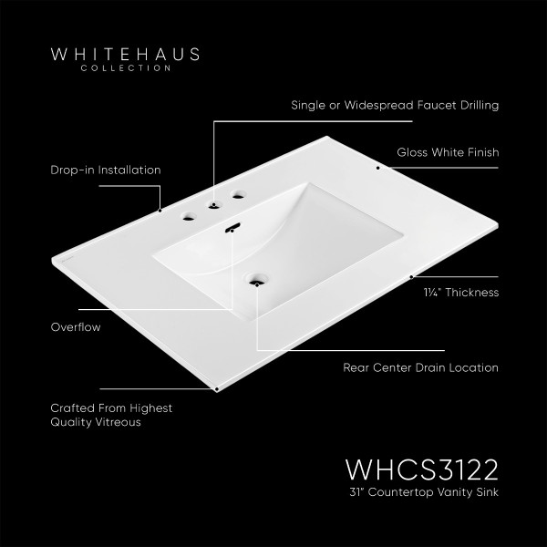 Whitehaus WHCS3122-1H 31" Countertop Vanity Sink w/ Rect Bowl Single Faucet & Overflo