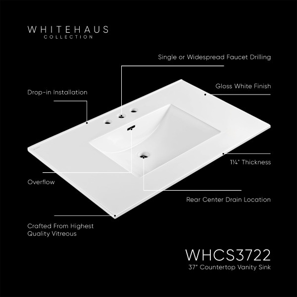 Whitehaus WHCS3722-1H 37" Countertop Vanity Sink w/ Rect Bowl Single Faucet & Overflow