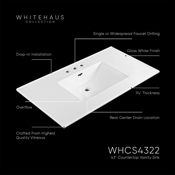 Whitehaus WHCS4322-1H 43" Countertop Vanity Sink w/ Rect Bowl Single Faucet & Overflow