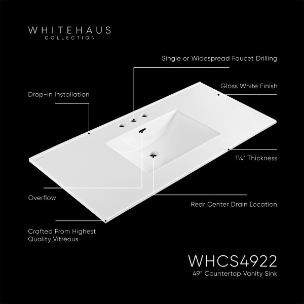 Whitehaus WHCS4922-3H 49" Countertop Vanity Sink w/ Rect Bowl Widespread Faucet & Overflow