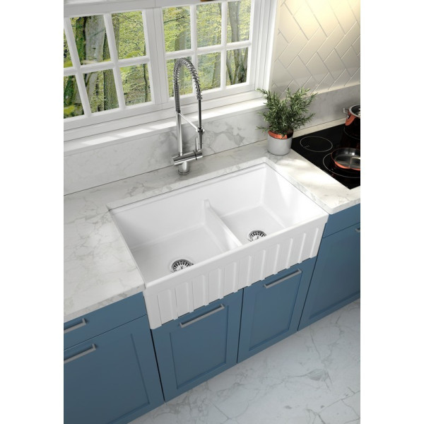 Empire YO33DG Yorkshire 33 Inch Fireclay Double Bowl Farmhouse Kitchen Sink