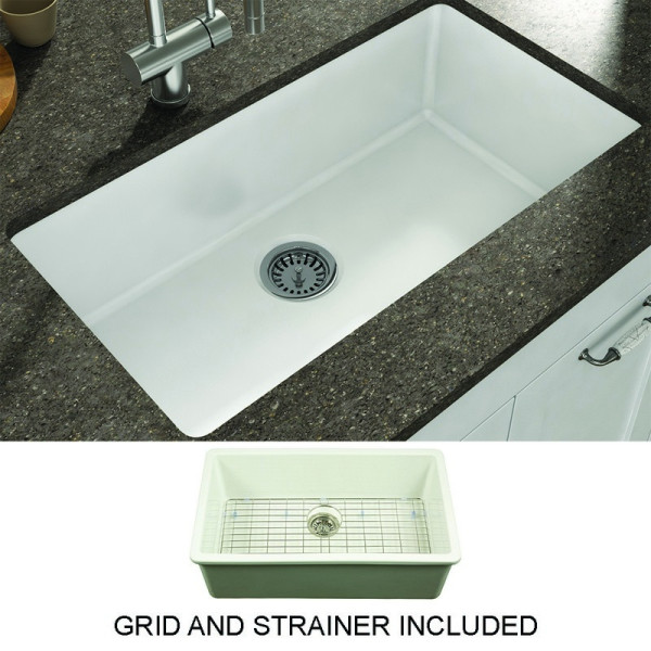 Empire YU32G Yorkshire 32 Inch Kitchen Sink in White With Grid & Strainer